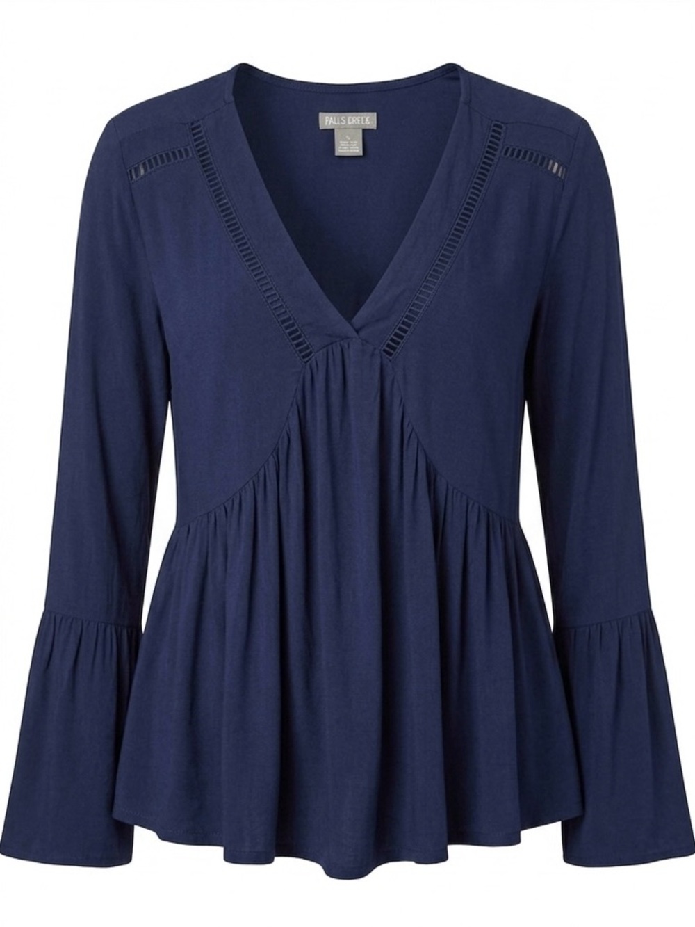 Falls creek Women's Navy V-Neck peasant Long Sleeve Top with Ladder Trim